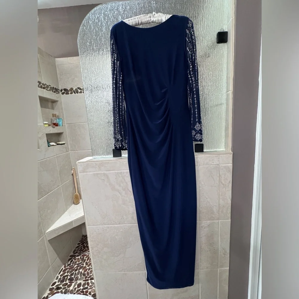 MARINA Navy Long Sleeve Evening Gown with Beaded Sleeves - Picture 1 of 6